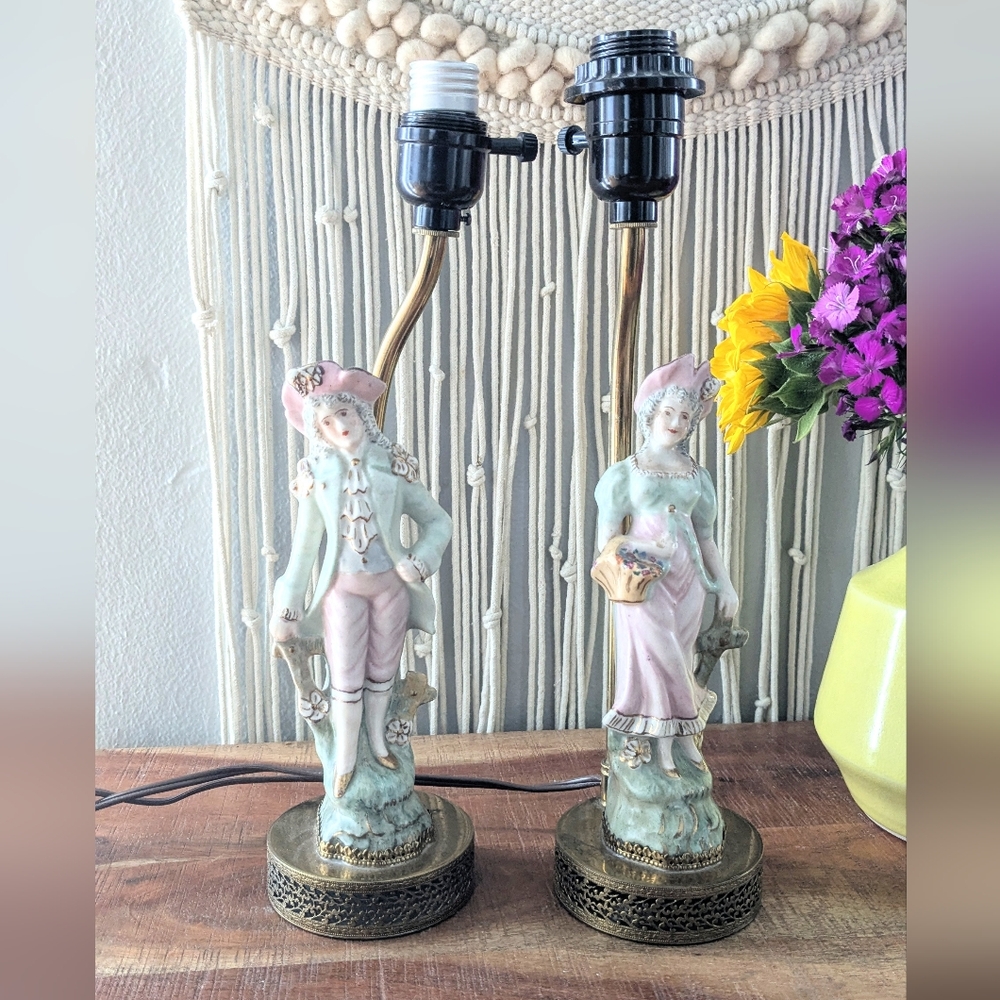 Vintage Victorian Porcelain Lamps - Matching Set, 14" Tall (No Shades)